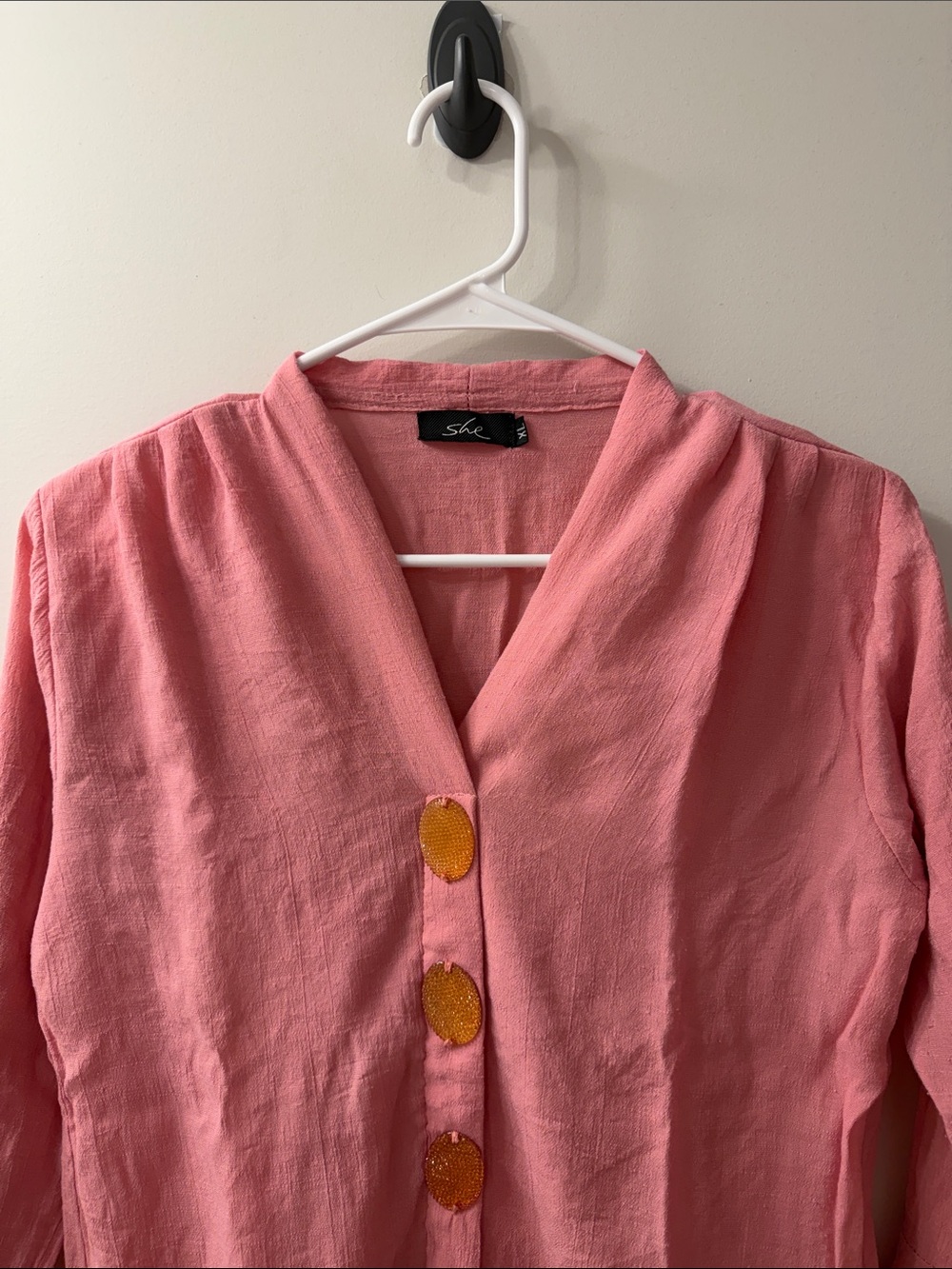 She + Sky Pink Button-Front V-Neck Blouse with Yellow Buttons